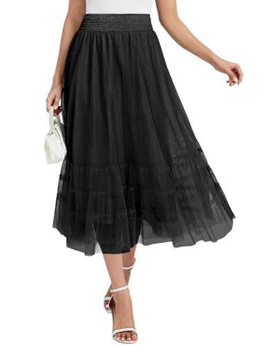 Casly Lamiit Tulle Skirts for Women Summer Maxi Skirt Swing Pleated Midi Skirt Tiered Elastic Skirts High Waisted Black L