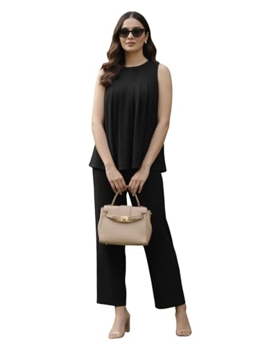 Image of GRECIILOOKS Co-Ord Set for Women stylish Solid| Jumpsuit For Women's Stylish | Dress | Travel | Sheer Cotton Textured Sleeveless Top And Straight Pants
