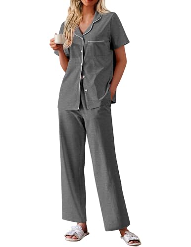 Image of Ekouaer Women's 100% Cotton Pajamas Set Short Sleeve Button Down Pjs 2 Piece Soft Sleepwear with Long Pants Lounge Set Grey X-Large