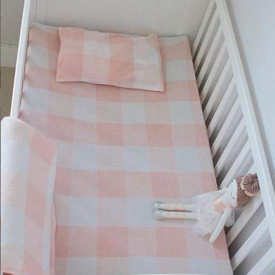 Baby Crib Bedding Sets for Girls — 4 Piece Set Includes Crib Sheet, Quilted Blanket, Crib Skirt and Baby Pillowcase — Gingham Design in Pink