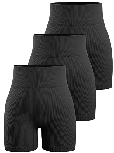 YNNTHY Women's 3 Piece Workout Shorts Yoga Seamless Ribbed High Waisted Spandex Booty Biker Shorts