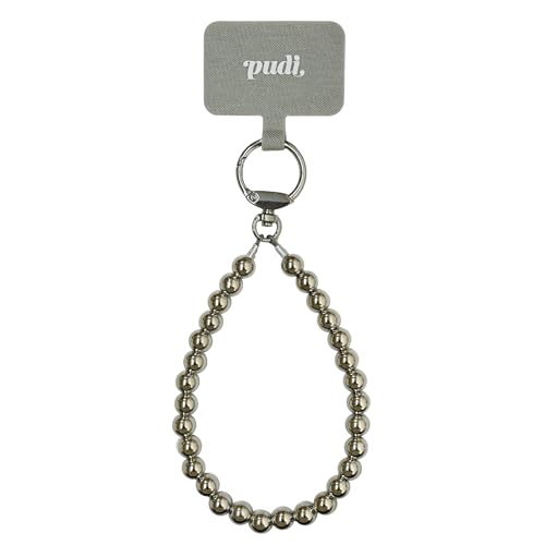 [pudi]スマホストラップ ハンドストラップ ビーズストラップ シルバー 韓国 スマホ ストラップ 手首 スマホチャーム ストラップホルダー付 日本製 (PUD037)