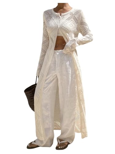 Floerns Women's Hollow Out Button Down Long Cardigan Crew Neck Long Sleeve Knit Sweater