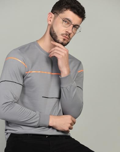 Image of INKKR Striped Men's Round Neck Darkgrey Full Sleeve T-Shirt
