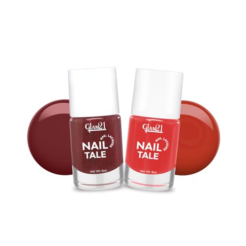 Image of Glam21 Nail Tale- Nail Lacquer|Multicolor|Quick Drying Nail Polish| Glossy Gel Finish Nail Kit | Highly Pigmented & Long Lasting | Chip Resistance|9ml Each| Pack Of 2 (Shade-01-02)