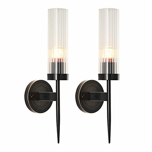 Image of BOKT Mid Century Modern Black Slim Wall Sconce Lighting Set of Two 1-Light Clear Cylinder Glass Sconces Wall Lighting Set of 2 Minimalist Single Bathroom Vanity Light Fixture