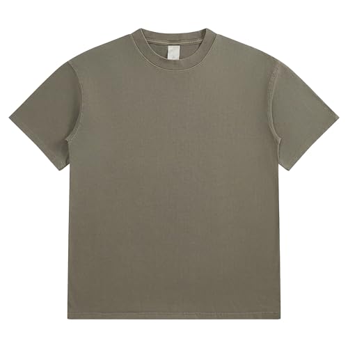 Men's Round Collar Loose Tide T-Shirt Simple Youth Campus College Shirts Summer Distressed Short Sleeve Pullover (Grey Green,Large)