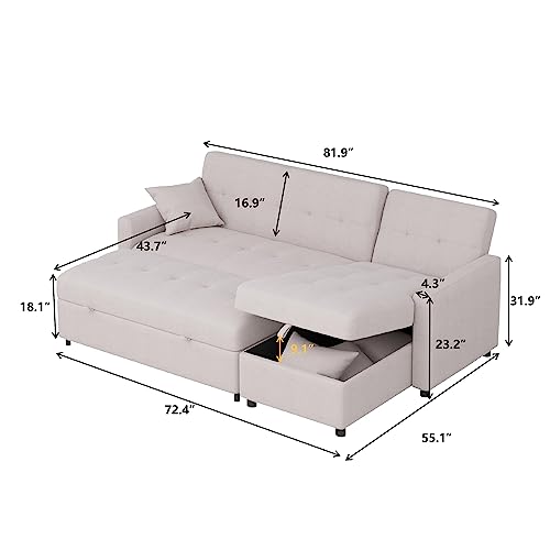 Jach Reversible Sectional Sleeper Sofa, 82'' Wide Pull-Out Sofa Bed With Storage, L-Shape Chaise, 3 In 1 Design Convertible Loveseat For Living Room Small Apartment (Light Gray) (7047) #TOP1
