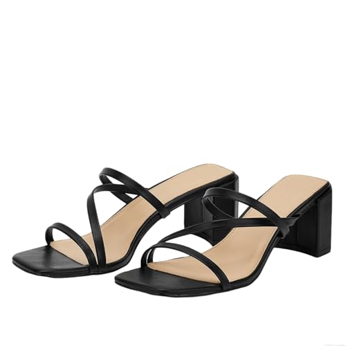 Lryweisy Strappy Sandals Women 2.3 Inch Chunky Block Heels Square Open Toe Slip On Slides Comfortable Dressy Shoes