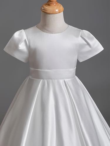 Bow Knot Flower Girl Dress for Wedding Short Sleeves Satin Crew Neck Long Princess Pageant Formal Ball Gowns4