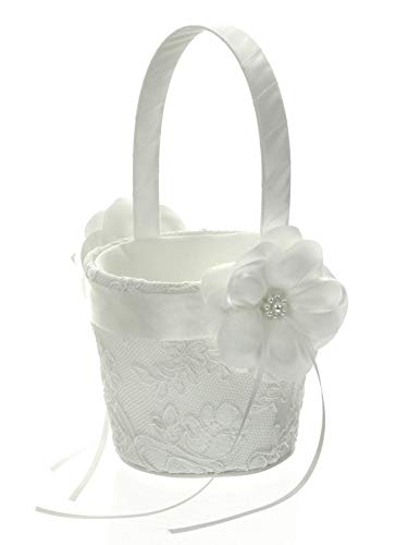 DivaDesigns Wedding Flower Girl Basket Embroidery Flower Faux Pearl - 607 White Medium