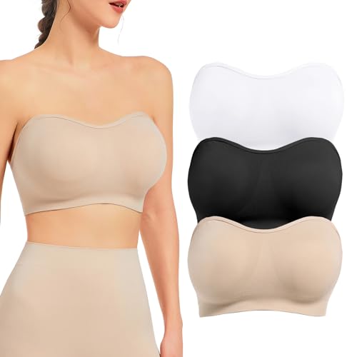 Image of SIMIYA 3 Packs Strapless Bras for Women Removable Pads Clear Wireless Seamless Bandeau Bra Non-Slip Silicone Straps Bra