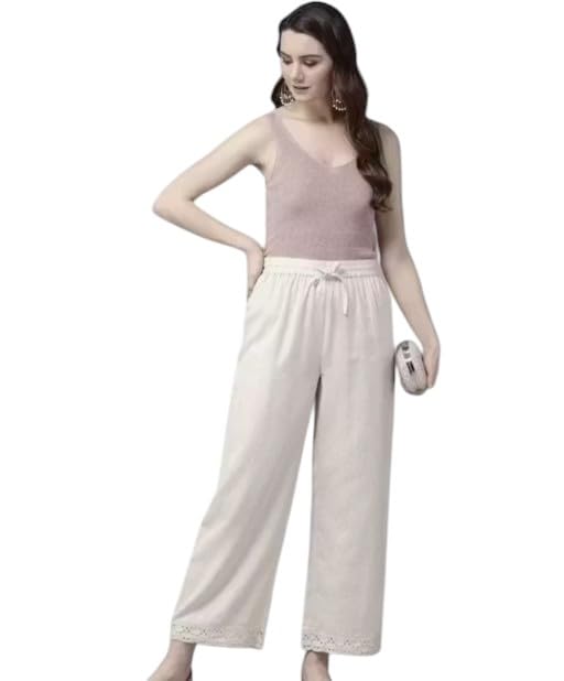 Women's Wide Leg Palazzo Pants, White, Khadi, Elasticated Waist with Drawstring, Lace Hem Detail-image-42