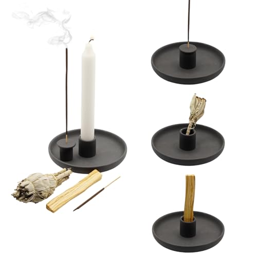 4 in 1 Incense Burner Holder - Multi-Purpose Ceramic Incense Stick Holder Palo Santo Holder for Clean Burning Sage Meditation Burner Set Candle Holder for Aromatherapy (Matte Charcoal Black)