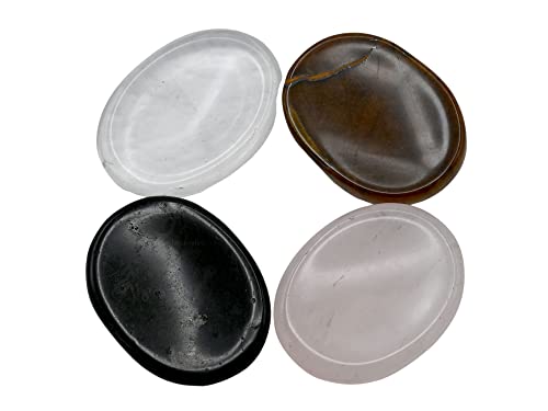 Image of Amazing Gemstone Set of 4 Thumb Worry Rubbing Stone for Anxiety Healing ~ Amethyst, Rose Quartz, Tigers Eye, Black Tourmaline Oval Cabochon Stone ~ Easy to Carry Natural Crystal Pocket Palm Stone