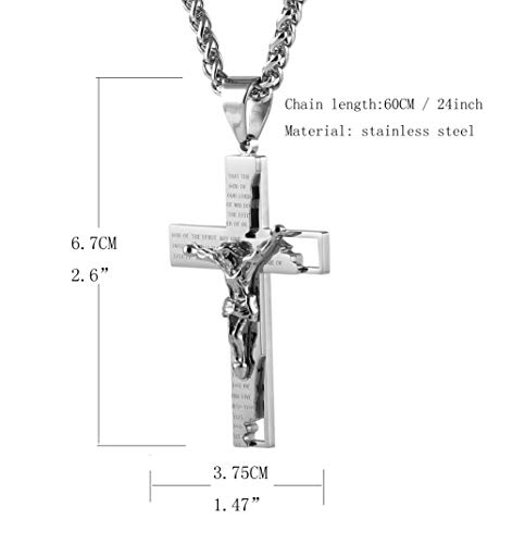 Hzman Men's Stainless Steel Cross Crucifix Bible Prayer Pendant Necklace 22+2" Chain #TOP3
