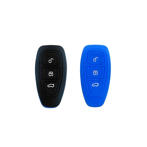 BAR Autotech Remote Key Fob Cover fit Silicone Rubber Shell Case Keyless Entry Car for Ford Focus 3 Escape Fiesta ST Titanium Mondeo Ecosport Kuga MK3 3 Buttons (1 Pair) (Black+Blue)