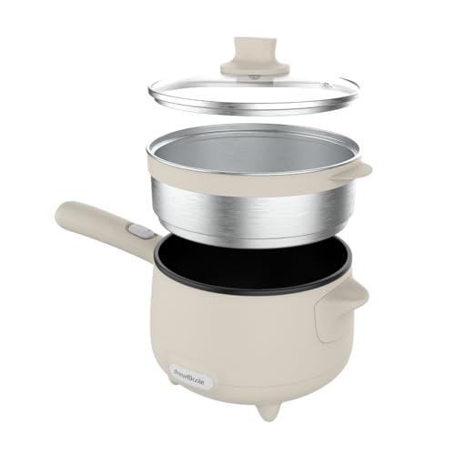 Drew&Cole CleverPot 1.2L Cooking Pot in Cream - Energy Efficient, Compact, Portable & Easy to Use - Serves up to 3 People - 2 Power Settings - Sleek Design - With Glass Lid & Steam Basket - 600W