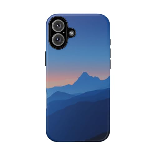 Coque iPhone 16 Plus rigide bleu Surreal Mountain Sunrise anti-rayures