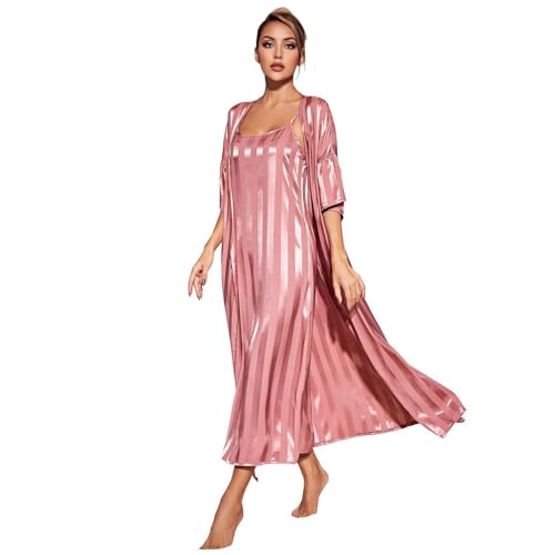 Generic Women's Nightgown Robe Set 2 Piece Striped Satin Long Nighties Bathrobe Soft Summer Sleepewar Silky Chemise Lingeries2