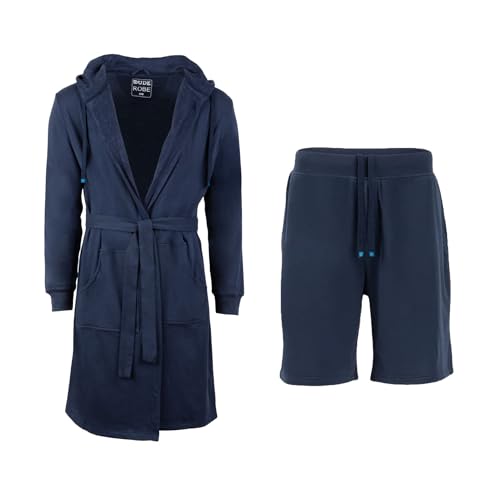 DudeRobe Men’s Navy S/M Hooded Robe & S/M Casual SweatShorts with Drawstring from Shark Tank! Comfy & Absorbent Cotton Robe for After Shower, Perfect Father's Day Gift