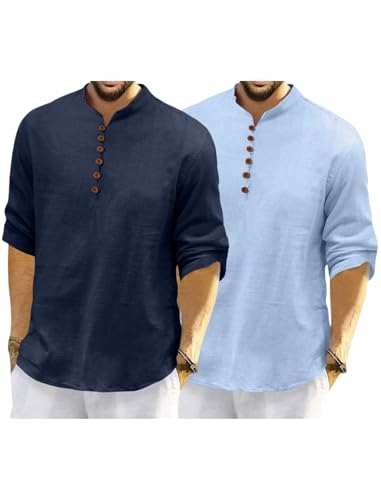 Image of Macsivo Men's Cotton Blend Kurta with Solid Band Collar Full Sleeve Button Closure Regular Fit Curved Hem Length | Kurta for Man | Combo Pack of 2