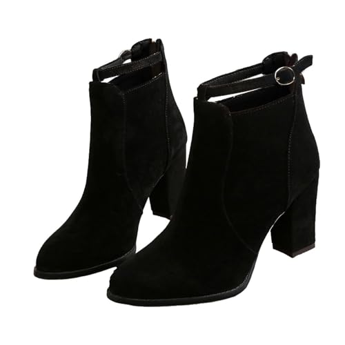 Women's High Heel Ankle Boots Fashion Suede Ankle Strap Buckle Chunky Block High Heeled Booties Ladies Dress Mid Calf Dressy Short Boots Shoes