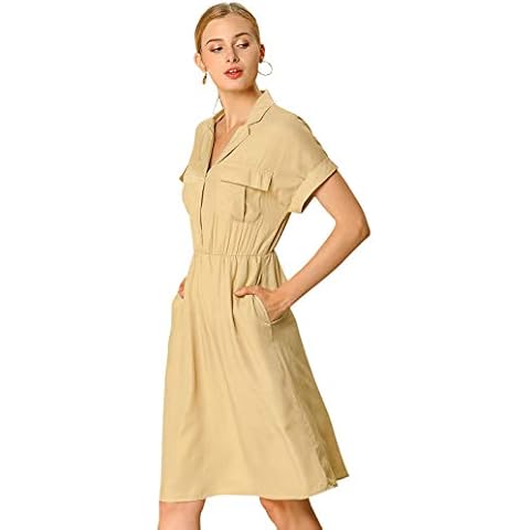 Allegra K Vestido Camisero Estilo Safari con Bolsillo En La Cintura Elástica para Mujer Caqui L Cover