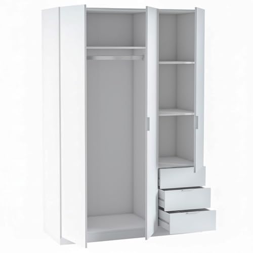 Bricozone Armadio Multiuso 3 Ante Con 3 Cassetti Guardaroba Salvaspazio Con Barra Appendiabiti Struttura Compatta Design Moderno 121X52X180 Cm (Bianco) - 6
