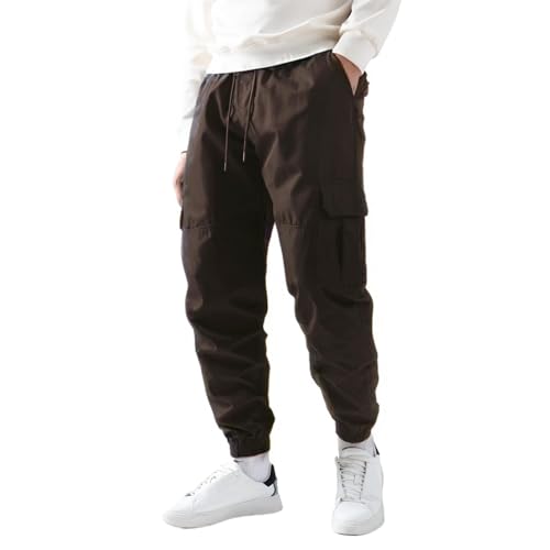 Mens Cargo Jogger Pants Elastic Waist with Drawstring Side Pockets (UAE/KSA Alpha S Regular Regular Brown)