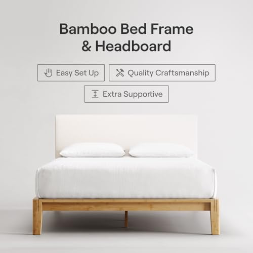 Image of Nectar Bamboo Platform Bed Frame & Upholstered Headboard - King - Natural /Linen - Floating Center Support Legs - 12 inch Height - Easy Tool Free Set Up - Sturdy Wooden Slats - Holds Up To 500 lbs