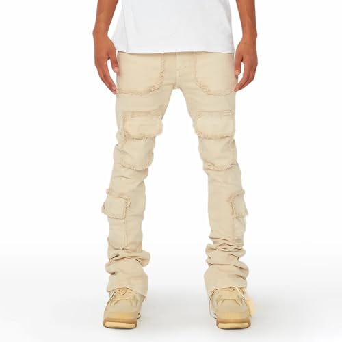 FOMOYUU Mens Stacked Jeans Slim Fit Ripped Jeans Destroyed Denim Pants Distressed Hip Hop Trouser Y2k Streetwear2