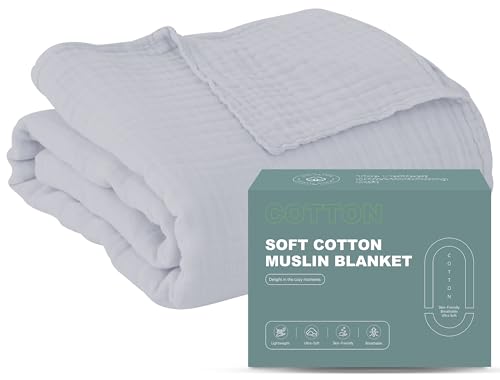 Image of Cosy Family 6 Layer Muslin Bed Blanket - Breathable and Lightweight Gauze Boho Blanket for Spring, Soft 100% Cotton Muslin Blanket, Slate, 55x80 Inches