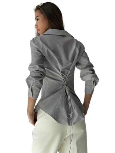 Image of OOMPH! Women Solid Cotton Shirt with Back Tie-Up Detail | Corset Style | Cinched Waist Shirt | Cotton Formal Shirt