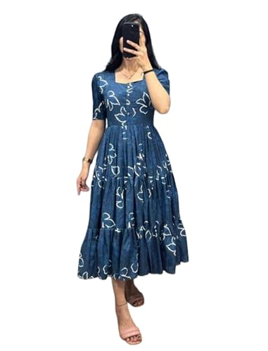 Image of Modestouze Attires Women's Paisley Pattern Rayon Midi Dress with Half Puff Sleeve Round Neck Calf Length and Pull On Closure Type