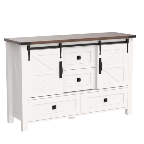 T4TREAM-Farmhouse-Dresser-for-Bedroom-w4-Drawers-Sliding-Barn-Doors-48-Wide-Chest-of-Drawers-Rustic-Dresser-TV-Stand-wShelf-Dresser-Organizer-for-Bedroom-Living-Room-Entryway-Antique-White T4TREAM Farmhouse Dresser for Bedroom w4 Drawers Sliding Barn Doors 48 Wide Chest of Drawers Rustic Dresser TV Stand wShelf Dresser Organizer for Bedroom Living Room Entryway Antique White
