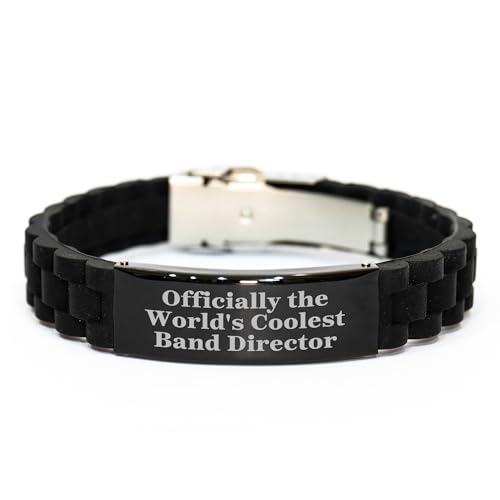 Band Director Gifts: Officially The World's Coolest Band Director Glide lock Clasp Bracelet for Him or Her, Unique Valentine's Present, Adjustable Black Stainless Steel, Silver, and Silicone
