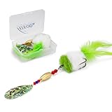 Pike Musky Walleye Fishing Lure Spinnerbait with Feathered Hooks Rooster Tail Fishing Lures Spoon Lures Baits with Tackle Box (Style A-Green)