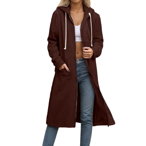 Damen Kapuzenjacke Lang Sweatjacke mit Kapuze Hoodie Jacke Herbst Winter Frühling Mantel Sweatshirts Langarm Kapuzenpullover Strickjacke mit Reißverschluss Taschen