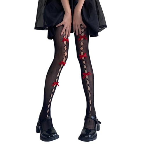 Image of SOLILOQUY Women's Lolita Pattern Tights Kawaii Velvet Bowtie Fishnet Stockings Leggings Mesh Pantyhose Hollow Out lace Socks