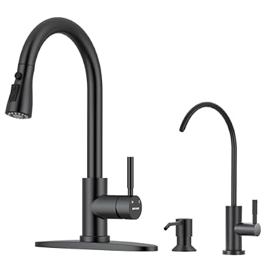WEWE Black Kitchen Faucet with Soap Dispenser, Kitchen Sink Faucet with Pull Down Sprayer 3 Modes Stainless Steel with WEWE Matte Black Drinking Water Faucet