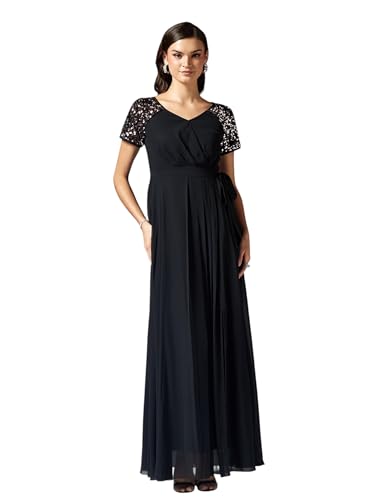 Image of Miss Chase Women's Round Neck Sleeve Embellished Fit Flare Maxi Dress