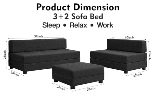 Image of Rosebell 3+2 Convertible Leg Sofa Cum Bed Set with Ottoman Jute Fabric Foldable Modular Seating & Sleeper, Space Saving Living Room Furniture Black Color