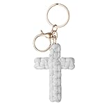 HongEast Macrame Cross Keychain,Jesus Key Chain Christian Car Accessories Handmade Soft Cross Keychain Charm Cute Baptism Faith Inspired Boho Decor for Women Men Religious Gifts(White)