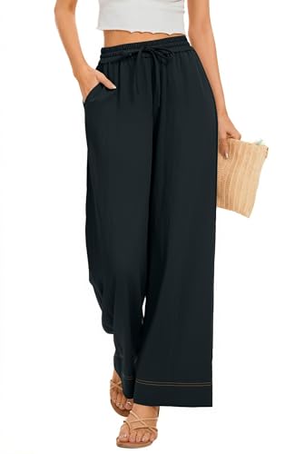 Image of KICZOY Women Flowy Pants Drawstring Waist Wide Leg Palazzo Beach Pants Loose Fit with Pockets
