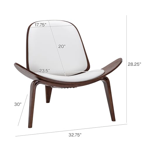 Belleze Mid-Century Modern Shell Side Accent Tripod Plywood Lounge Chair Walnut Upholstered Faux Leather, White