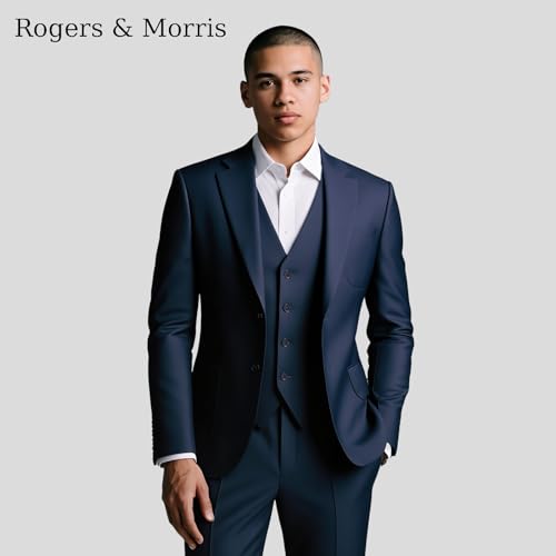Rogers & Morris Men's 3 Pieces Suit Wool Solid Two Buttons Slim Fit Essential Style Blazer Vest Pants Set3