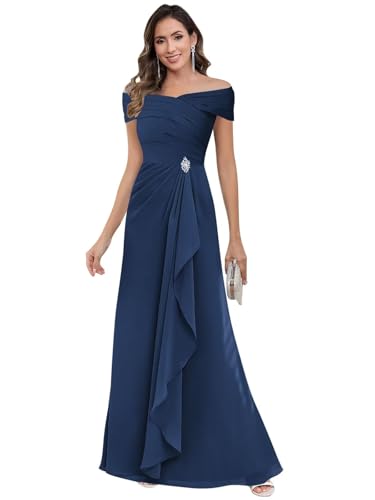 Off Shoulder Mother of The Bride Dresses for Women Long A-line Ruffles Chiffon Ruched Formal Evening Dress