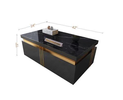 Image of Premium Marble-Top Wooden Center Table for Living Room | Coffee Table | Contemporary Design Craftsmanship (Black - 42x24x17 Inch)
