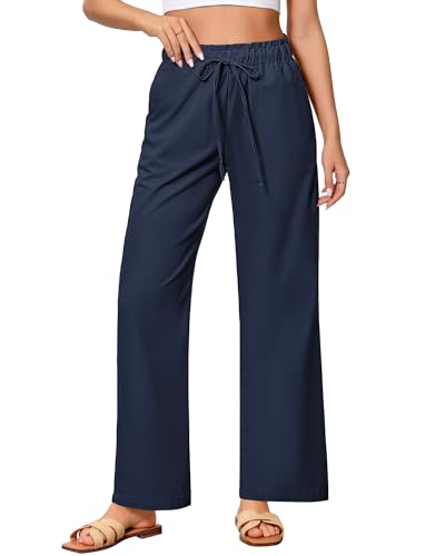 GRAPENT Linen Pants Women Wide Leg High Waisted Flowy Summer Beach Elastic Waist Pull On Baggy Palazzo Pants with Pocket